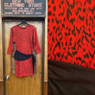 Vintage 1980’s New Wave Red & Black Leopard Animal Print Party Dress, Animal Print, Party Dress, Leopard, New Wave, Red, Black, 1980’s, 