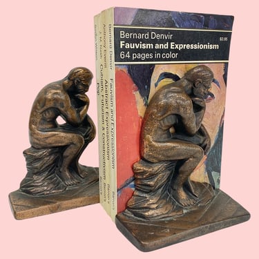 Vintage The Thinker Bookends Retro 1960s Mid Century Modern + Bronze Metal + Set of 2 + Book Display/Organization + Rodin Sculpture + Decor 