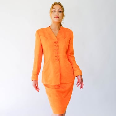 Vintage 80s Christian Dior Sherbet Orange Floral Brocade Collarless Power Skirt Suit | Made in USA | Cotton/Rayon | 1980s DIOR Designer Suit 
