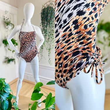 Vintage 1980s Swimsuit | 80s Leopard Animal Print Halter Ruched Drawstring High French Cut One Piece Bathing Suit (small) 