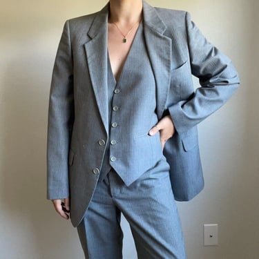 Vintage 80s YSL Yves Saint Laurent Gray Wool Minimalist Blazer Suit Set Sz XL 