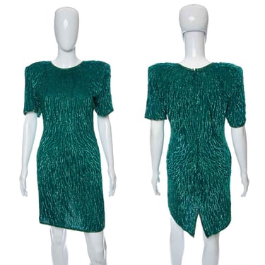 1980's Laurence Kazar Green Sequin Cocktail Dress Size M