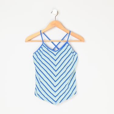 Vintage Y2k Crossed-Strap Striped Cami Top - 2000s clothing, blue, green, stripes, tank - Women's M (tag is juniors' L) 