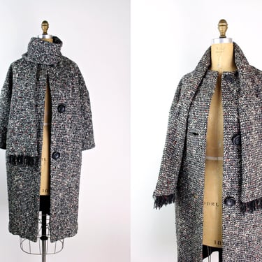 60s Wool Scarf Coat / 1960s Wool Coat / Vintage Winter Coat / 3/4 sleeves Coat / Women Overcoat 1960s / Mid Century Winter Coat/ Size S/M 