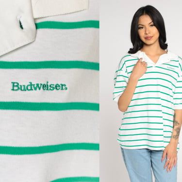 Budweiser Polo Shirt 90s Striped Collared Shirt Retro Beer Shirt Half Button Up Preppy Drinking Short Sleeve Vintage 1990s Mens Extra Large 