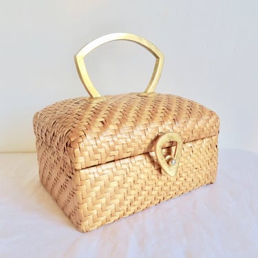 1960's Koret Natural Woven Wicker Box Purse Gold Handle and Hardware 60's Handbags Spring Summer Made in Italy 