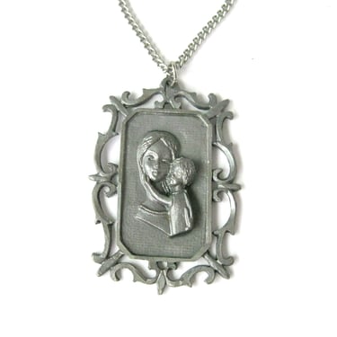 Mother and Child Cameo Pendant in Ornate Frame, Pewter Look Necklace, Baby Shower Gift, Madonna and Child, 1970s Vintage Jewelry 