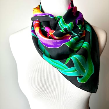 Bright & beautiful Silk scarf~ Black with vibrant colorful lily flowers~ Pop of colors~ Hand rolled luscious silk XL square head neck scarf 