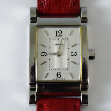 Vintage Coach W014 red Teju lizard band wrist watch, rectangular stainless steel Swiss made water resistant woman's watch 