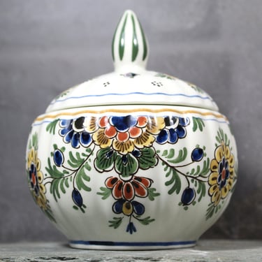 Vintage Delft Trinket Jar | Yellow Flowers | Porcelain Lidded Jar | Signed Delft Porcelain in Blue, Yellow & Green 