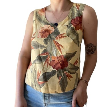 Vintage 1990s Womens Tommy Bahama Tropical Silk Palm Leaves Yellow Tank Top Sz 8 