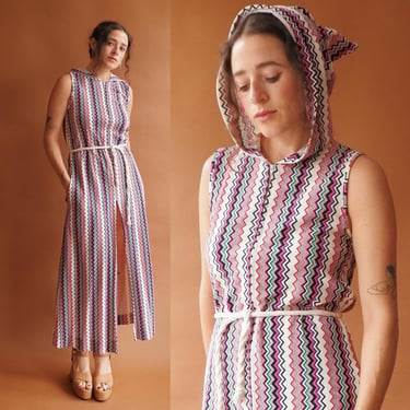 Vintage 70s Chevron Hooded Beach Coverup Maxi Dress/ 1970s Zip Front Lounge Dress/ Size Small 