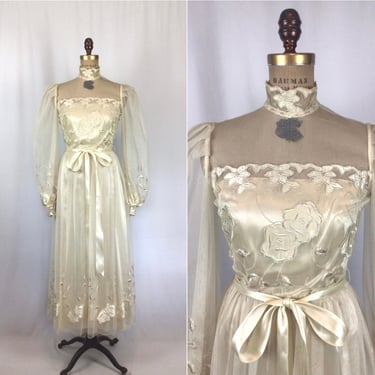 Vintage 80s dress | Vintage ivory floral satin net party dress | 1980s applique cream wedding dress 