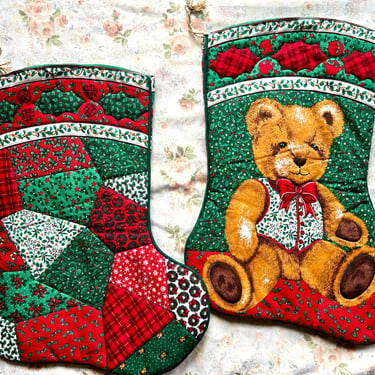 Set of Two 1980's Quilted Teddybear Stockings 