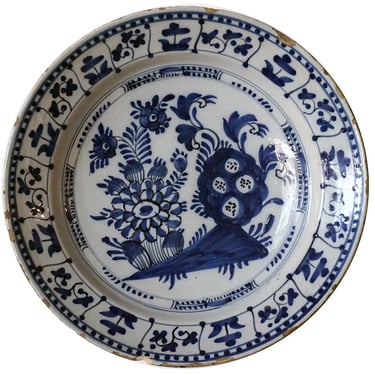 Antique Large Dutch Delft Blue and White Pottery Plate 
