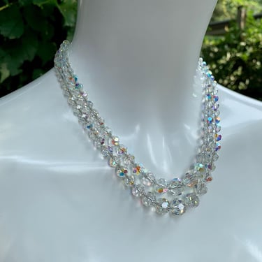 Vintage 1950'S Swarovski Crystal Necklace - Aurora Borealis Cut Crystals - Double Strand - Strung Together with Fine Silver Chain 