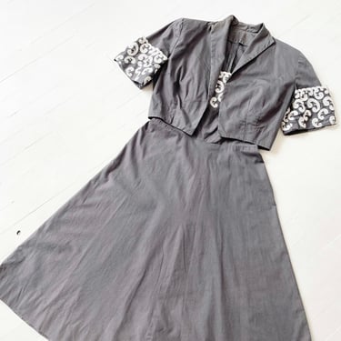 1950s Embroidered Charcoal Dress + Bolero Jacket 