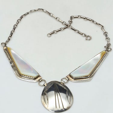 Vintage Navajo Sterling Silver & Mother of Pearl Large Pendant Necklace 