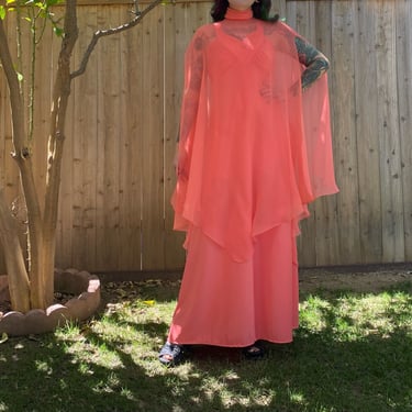 Vintage 1970’s Salmon Pink Dress and Shawl Set 