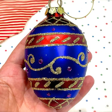 VINTAGE: 3.5" Hand Crafted Colorful Glass Egg Ornament - Holiday Christmas Ornaments 