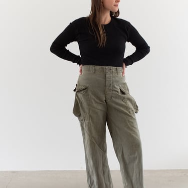 Vintage 34 Waist Olive Green Cargo Army Pants | Unisex Herringbone Twill Utility Fatigues Military Trouser | Button Fly | 