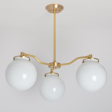 Three Shade Modern Offset Chandelier - Hand Blown Glass - White and Clear Shades - Down Rod Light - Round Globe Shade 