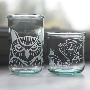 Owl Recycled Glass Cup - Great Horned or Barn Owl eco glass tumbler for drinking or candles 