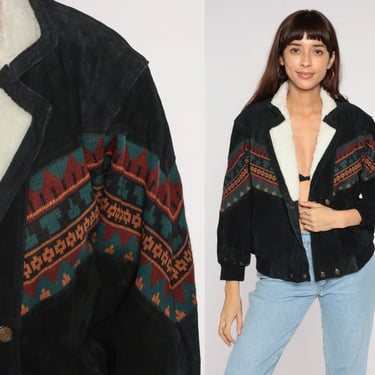 Southwestern Suede Jacket 90s Black Striped Leather Jacket Shearling Trim Double Breasted Snap Up Sherpa Coat Retro Vintage 80s Small S 