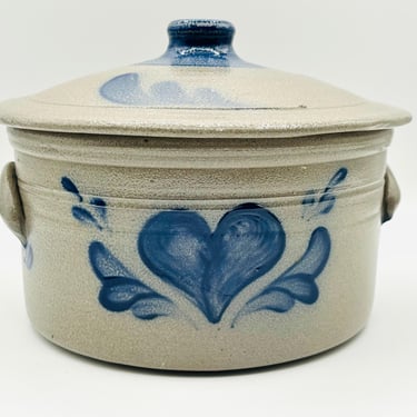 Vintage Rowe Pottery Bean Pot Casserole Dish Crock Stoneware Salt Glaze Heart Motif With Ears and Lid  Dated 1992 by LeChalet