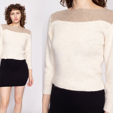 80s Cream & Gold Metallic Knit Sweater Small to Medium | Vintage Silk Angora Long Sleeve Cropped Pullover 