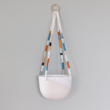 Handmade Hanging Ceramic Planter - Speckled White Flower Pot - Clay Basket Hanger - Modern Pottery - Indoor Ceiling Garden 