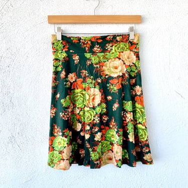 Vintage 70s Floral Green Orange Nylon Mini Short Skirt 