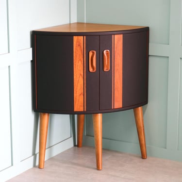 Restyled Mid Century Modern Curved Corner Drinks / Storage Cabinet / Cupboard - Customised - Black - Teak - Vintage - Retro - MCM - 70s Era 