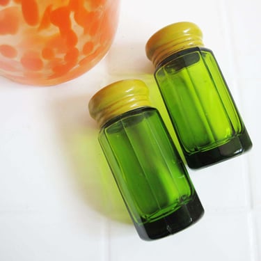 Vintage 1960s Takahashi Japan Green Cut Glass Salt Pepper Shaker Set with Yellow Metal Tops 