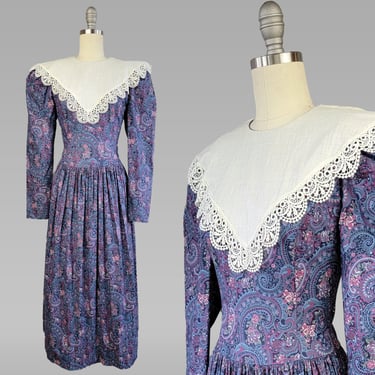 Gunne Sax Dress /  Gunne Sax Victorian Style Dress / 1980s Paisley Gunne Sax Dress with Victorian Style Collar / Size Medium 