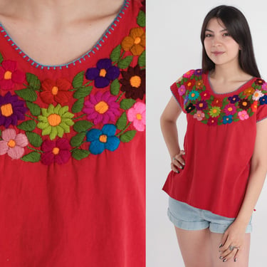Mexican Embroidered Top Blouse 90s Red Floral Blouse Peasant Hippie Short Sleeve Shirt Summer Boho Festival Vintage 1990s Medium 