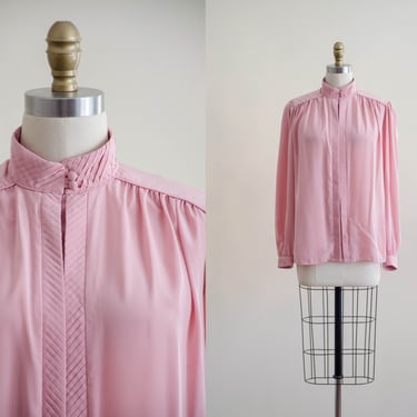 80s pink high collar blouse | blush pink silky romantic cottagecore vintage shirt 