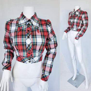 1970's Red Plaid Flannel Dagger Collar Cropped Shirt Jac I Sz Sm I Charm of Hollywood 