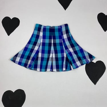 90s flared plaid mini skirt 1990s checkered twirly trumpet short skater circle skirt casual high waist summer blue purple Clueless XS 3 