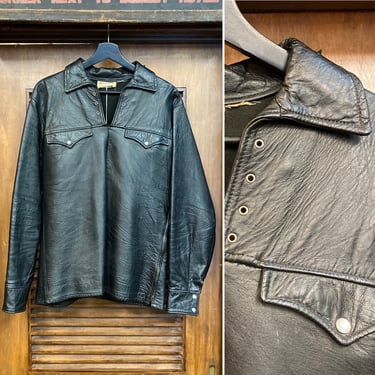 Vintage 1950’s Black Leather Western Lace-Up Pullover Shirt Jacket, 50’s Leather, Vintage Western Wear, Vintage Clothing 