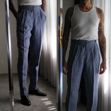 Vintage 90s Gianni Versace Chambray Blue Stonewashed Linen Triple Pleated Pants | Made in Italy | 100% Linen | 1990s Versace Designer Slacks 