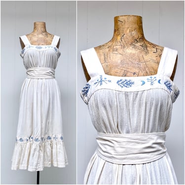Vintage 1960s Embroidered Ivory Crinkle Cotton Gauze Boho Sun Dress, Made in Mexico by Roberta Vercellino y Luis, One Size, VFG 