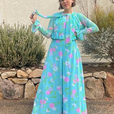 Gorgeous 70s aqua blue floral maxi dress with matching ruffled shawl by Bernie Bee of New York 