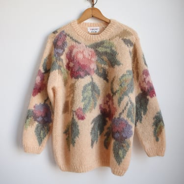 Vintage Floral Mohair Pullover | L | 1990s Handknit Slouchy Mohair Sweater with Pastel Flower Intarsia 
