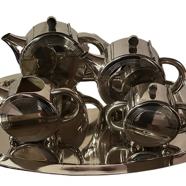 Art Deco Round Chrome Five Piece  Tea and Coffe Set on Tray