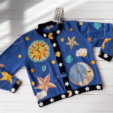 celestial sweater | 80s 90s vintage BEREK sun moon stars novelty embroidered granny style hand knit cardigan 