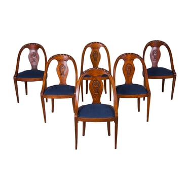 French Neoclassical Style Gondola Maple Dining Chairs W/ Dark Blue Chenille - Set of 6 