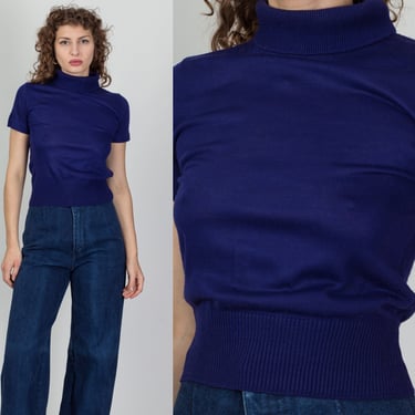 50s Filmar Creations Knit Turtleneck Crop Top - Small | Vintage Royal Purple Short Sleeve Cropped Sweater Shirt 