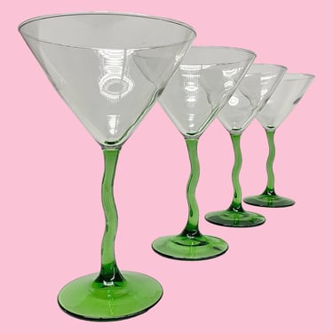 Vintage Martini Glasses Retro 1990s Contemporary + Libbey + Green Wavy Stems + Clear Glass + Set of 4 + Modern Barware + Abstract Glassware 