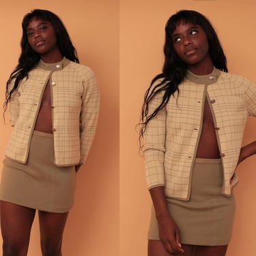 Vintage 1960s Olive Checkered Two Piece Skirt & Blazer Suit Set 
